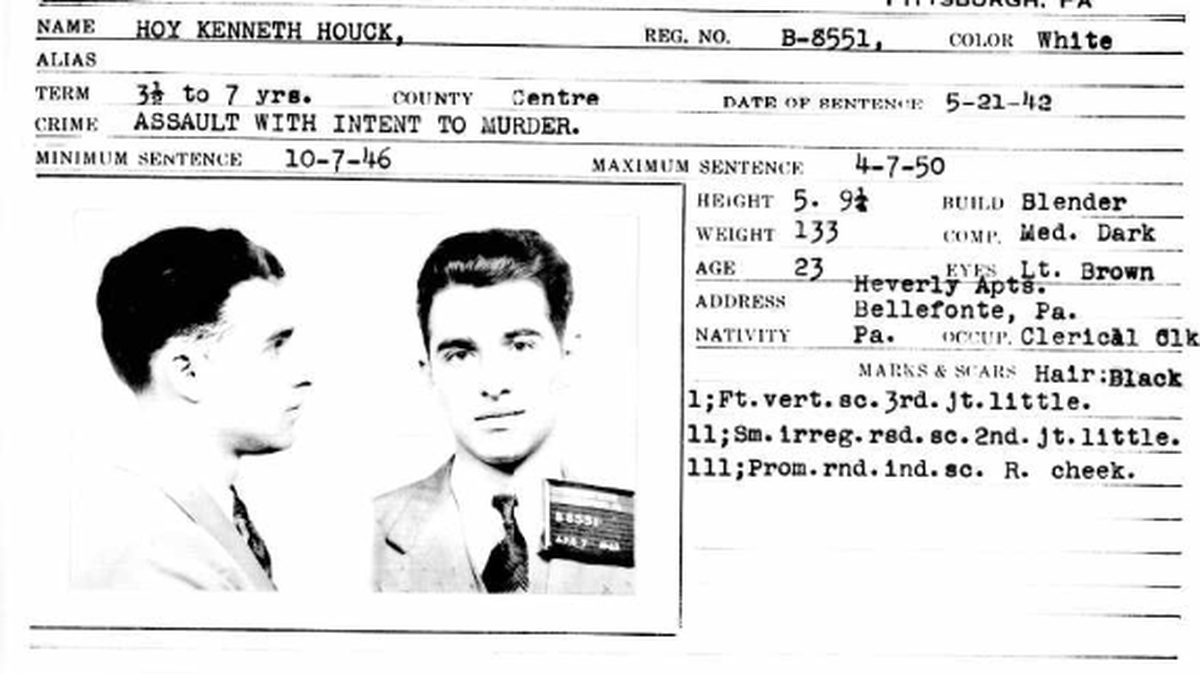 Hoy Houck’s prisoner identification card from Western Penitentiary in Pittsburgh was issued in 1942, after he was sentenced for attacking Bonna Teichert in State College in June 1941.