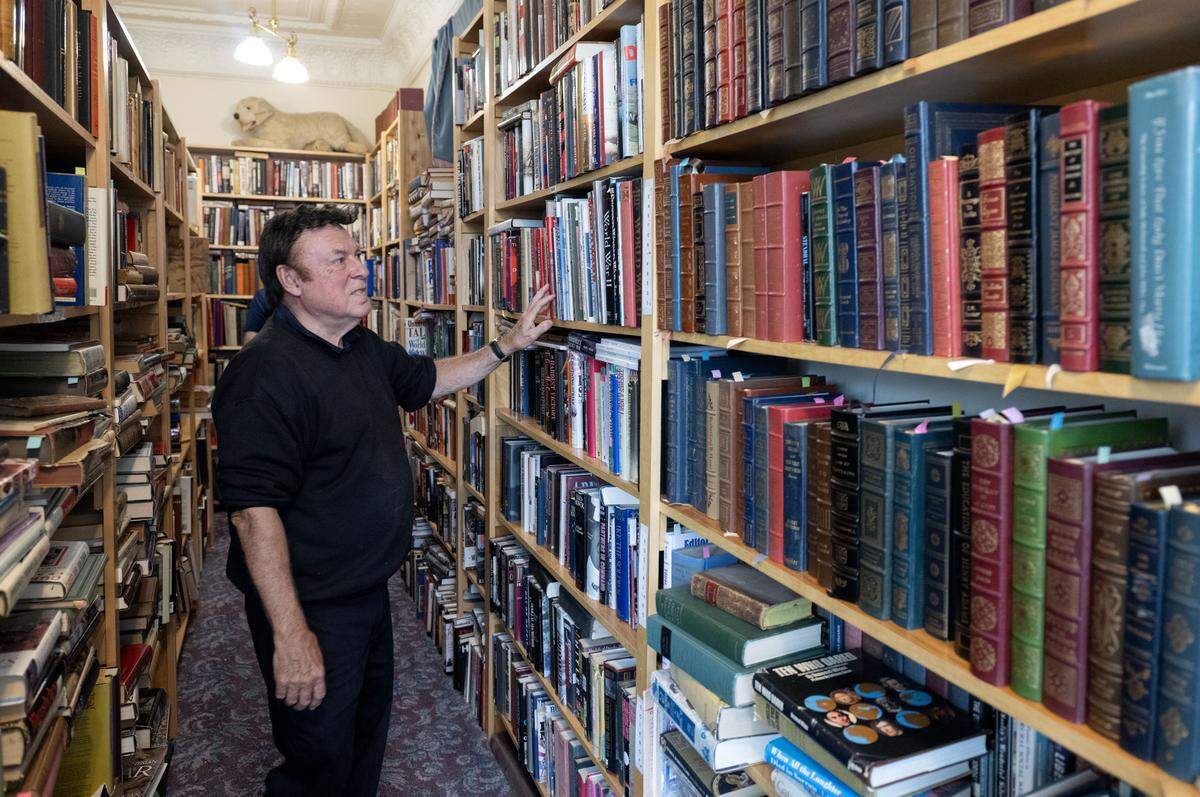 Keith Bierly, owner of Forefathers Book Shop, talks about the shelves of books at the Rebersburg store on Thursday Sept. 4, 2025.  