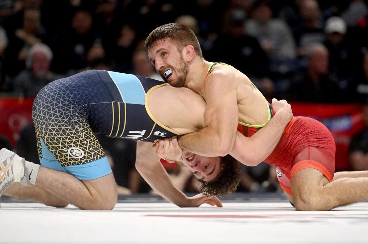 Zain Retherford controls Jesse Mendez in the 65 kg semifinal bout during the U.S. Olympic Team Trials at the Bryce Jordan Center on Friday, April 19, 2024.