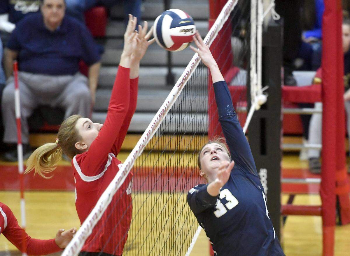 Bald Eagle Area’s Madison Rockey hits the ball over the net during the PIAA 2A championship game against Holy Redeemer on Saturday, Nov. 17, 2018 at Cumberland Valley High School.