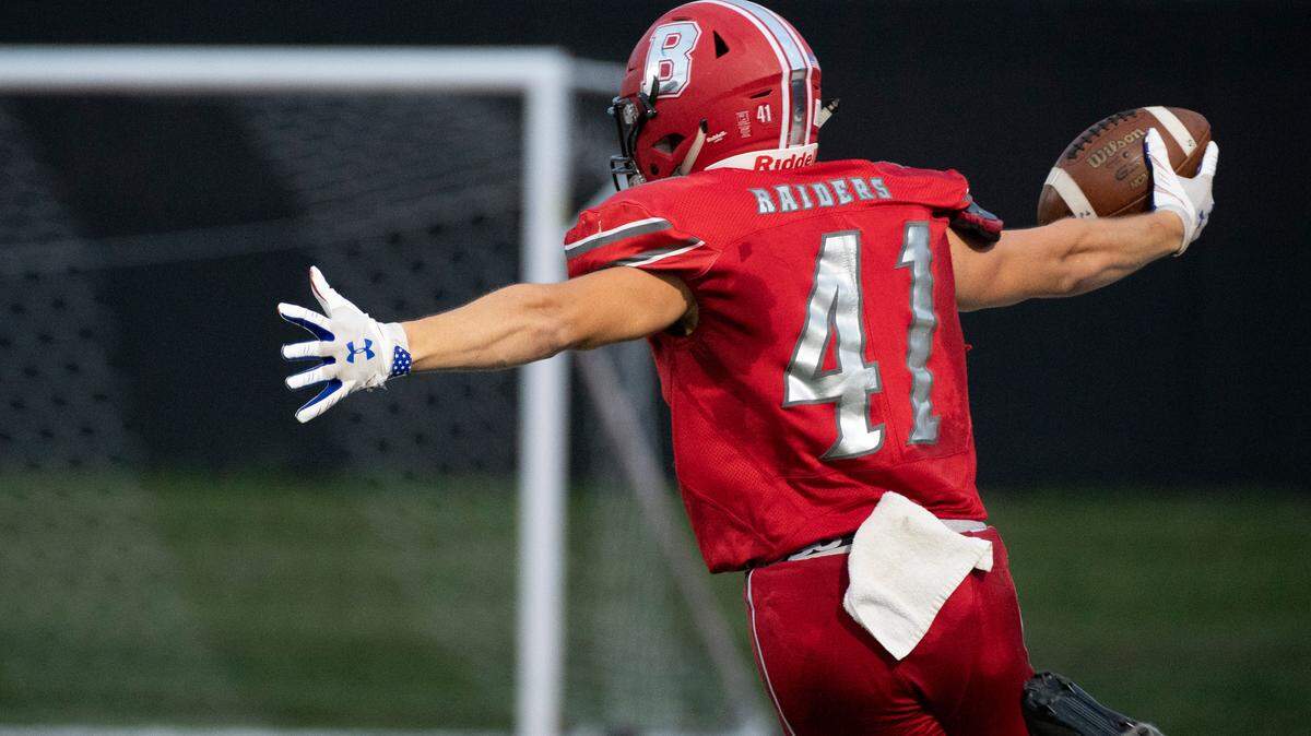 Bellefonte’s Nolan Weaver celebrates after scoring a touchdown after collecting a fumble during a high school football game between Bellefonte Area High School and Philipsburg-Osceola High School on Friday, Sept. 3, 2021 in Bellefonte, Pa.