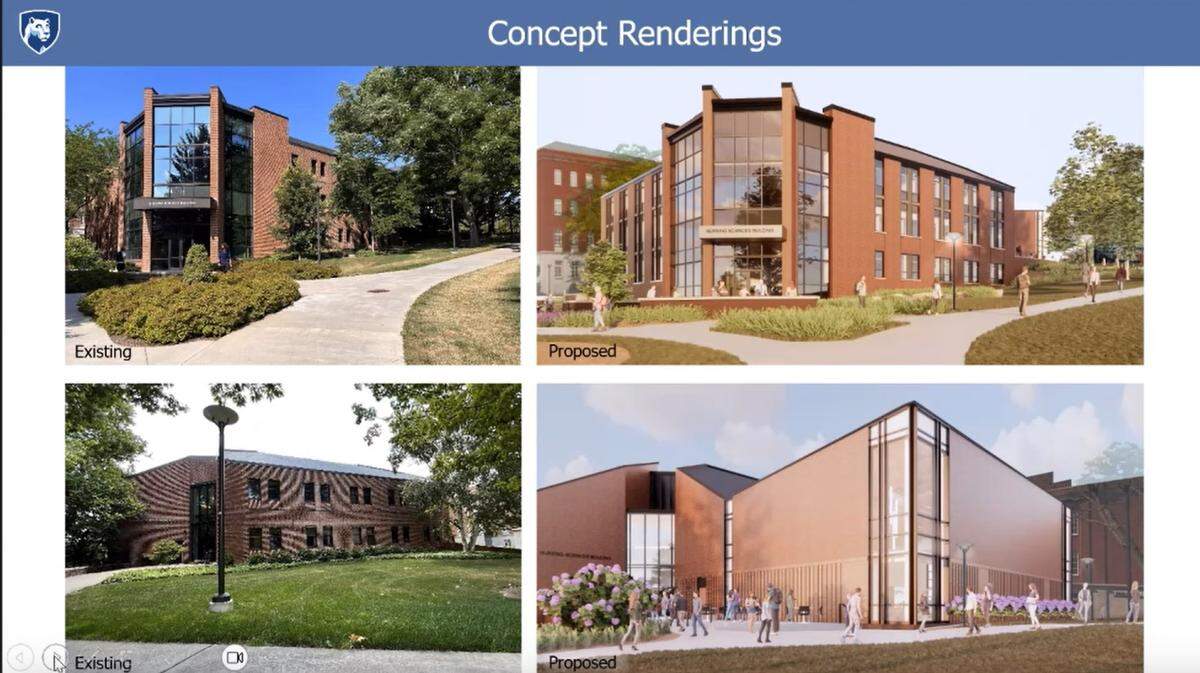 A closer look at some publicly available renderings of Penn State’s Nursing Sciences Building that compare the current look to the view after the proposed improvements are completed.