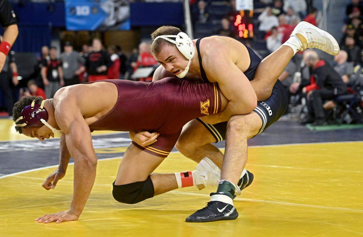 Penn State’s Max Dean controls Minnesota’s Michial Foy in a 197 lb quarterfinal bout of the Big Ten wrestling championships at the Crisler Arena in Ann Arbor Michigan on Saturday, March 4, 2023.