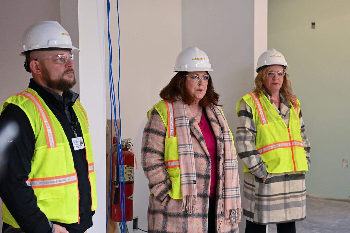 Penn Highlands officials Jason Hickman, construction director, Rhonda Halstead, regional market president for the central region, and Heather Franci, chief nursing officer, give a tour of the future State College facility on Wednesday, Nov. 29, 2023.