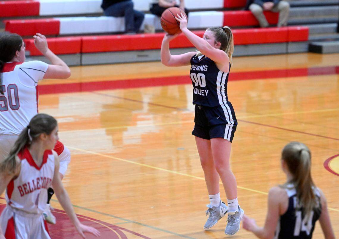 Penns Valley’s Julia Emel shoots for three over Bellefonte defenders during the game on Monday, Jan. 23, 2023.