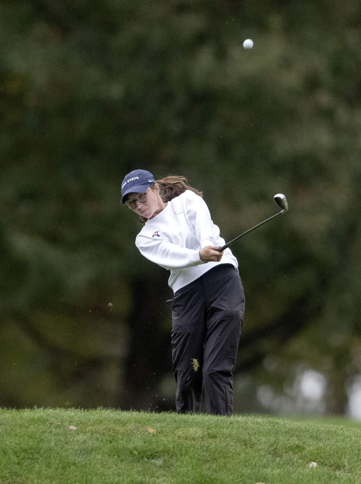 Saint Joseph’s Catholic Academy’s Madison Koshko tees off on the 14th hole during the PIAA State Golf Championships on Tuesday, Oct. 21 2025, at the Penn State White Course.