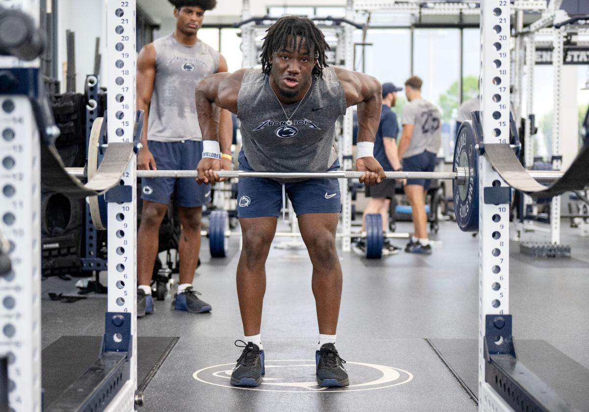 Penn State linebacker Cam Smith weight lifts during a summer strength session on Monday, July 14, 2025 in the Lasch Building.