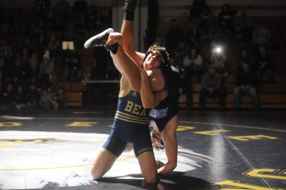 Bald Eagle Area’s Caleb Close looks to finish off a takedown of Brookville’s Easton Belfiore in their 172-pound bout during the Eagles’ 45-23 win on Thursday. Close topped Belfiore, 9-0.