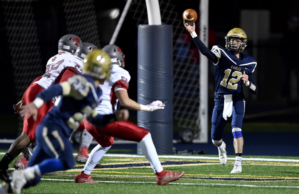 Bald Eagle Area’s Jaden Jones makes a pass during the District 6 playoff game against Central on Friday, Nov. 1, 2019.