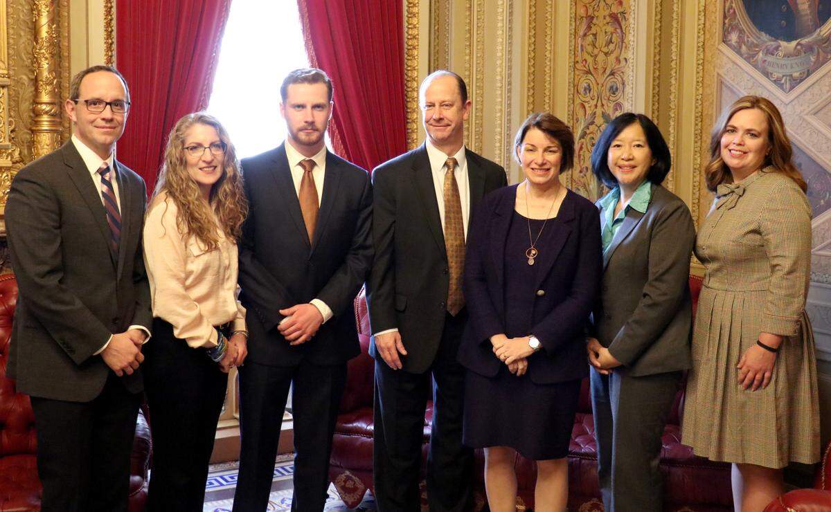 From left: Judson Horras, president & CEO of the North American Interfraternity Conference; Evelyn Piazza; Mike Piazza; Jim Piazza; U.S. Sen. Amy Klobuchar (D-MN.); Lianne Kowiak; Dani Weatherford, National Panhellenic Conference CEO