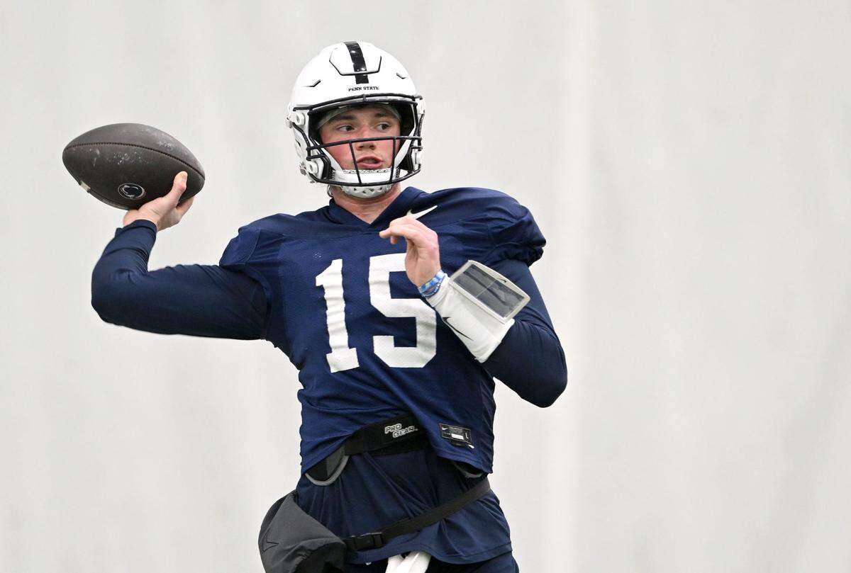 Penn State quarterback Drew Allar makes a pass during practice on Friday, Dec. 27, 2024 at Holuba Hall as the team prepares for the Fiesta Bowl.