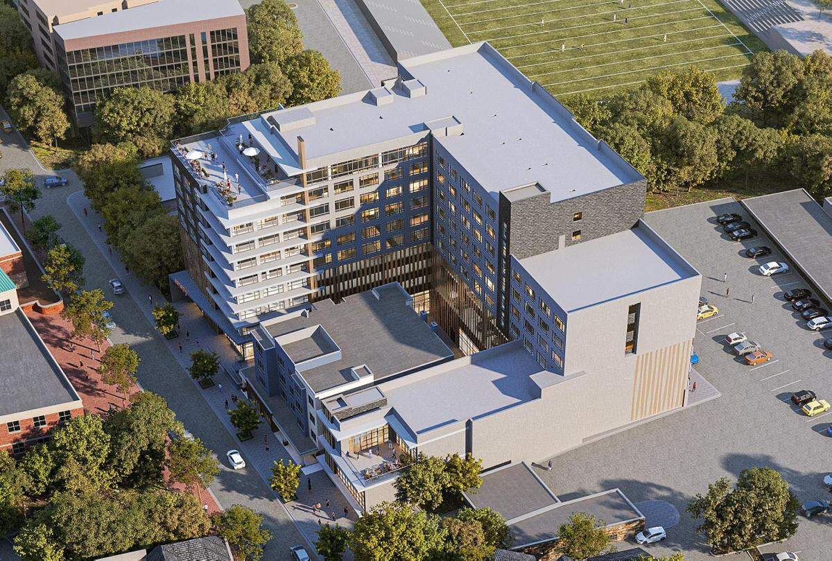 A rendering of the aerial view of the proposed new building while looking east.