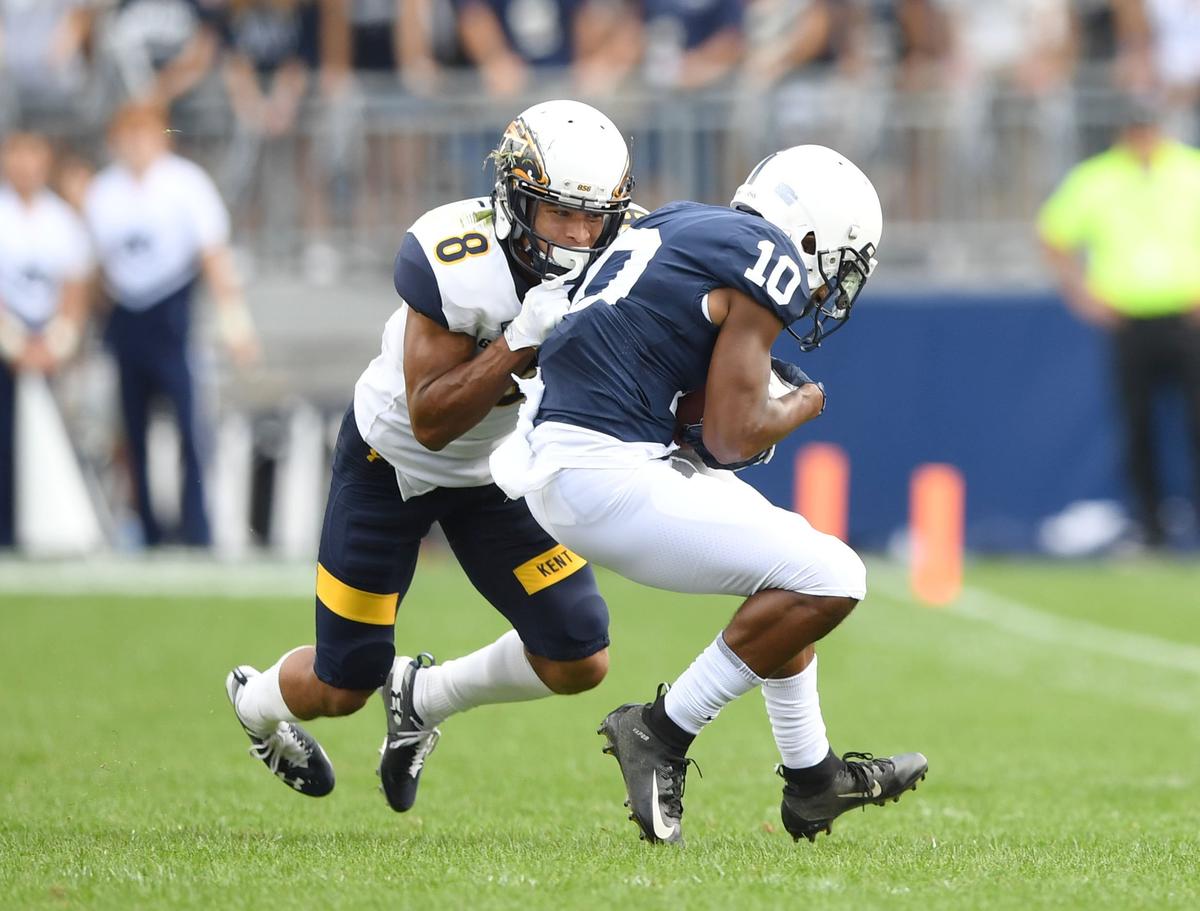 Penn State wide receiver Brandon Polk makes a catch during a game against Kent State Saturday, Sept. 15, 2018 at Beaver Stadium.