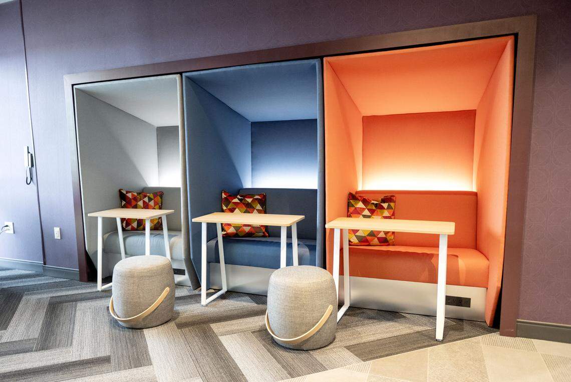 Part of the lobby in the new Tru Hotel by Hilton on Benner Pike is pictured during a grand opening celebration on Wednesday, April 22, 2026.  