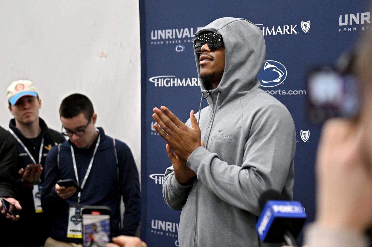 Abdul Carter talks to the media during Penn State football’s pro day on Friday, March 28, 2025.