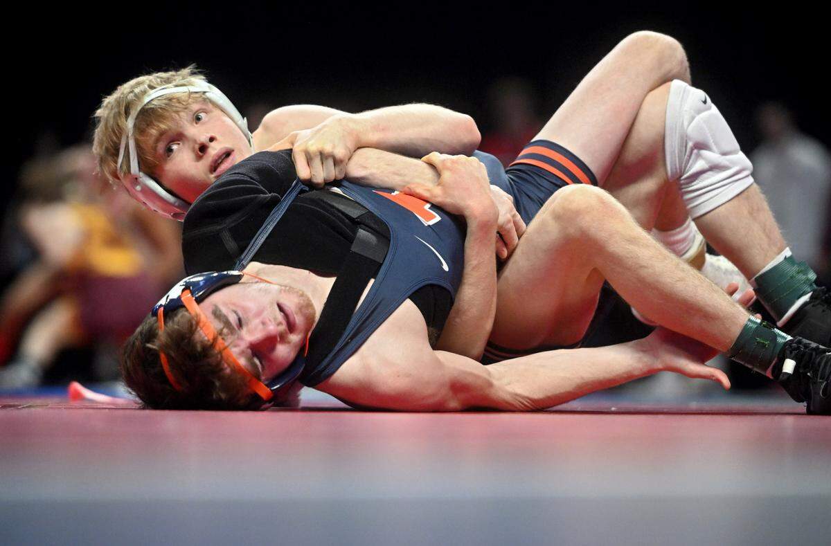 Penn State’s Braeden Davis controls Illinois’ Justin Cardani in a 125 lb first round match of the Big Ten Wresting Championships at the Xfinity Center at the University of Maryland on Saturday, March 9, 2024.