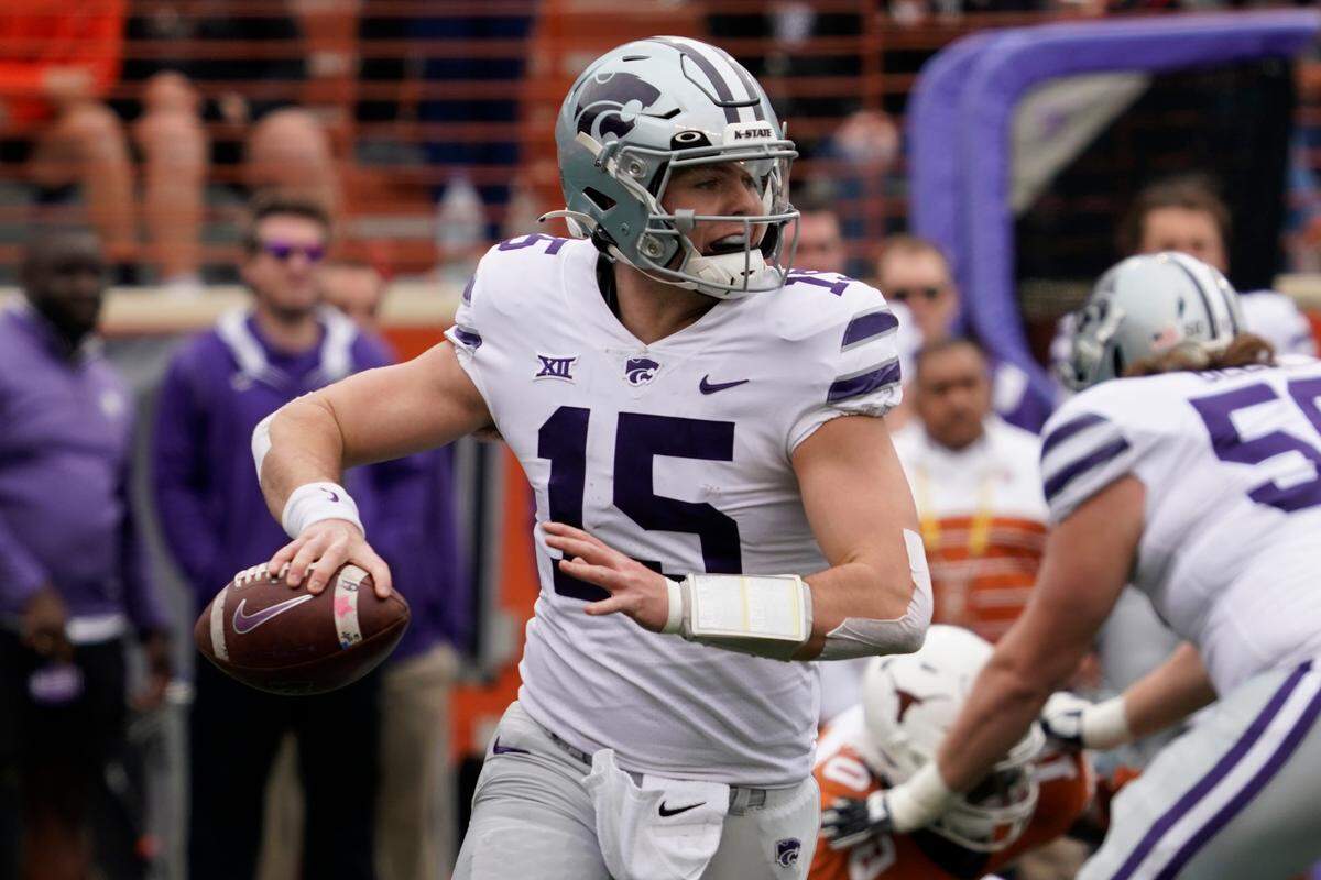 Kansas State quarterback Will Howard (15) looks to pass against Texas during the first half of the game in Austin, Texas, on Nov. 26, 2021. Howard is from Downingtown.
