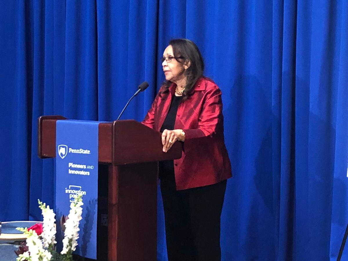Shirley Malcom addresses a standing-room-only crowd during a ceremony Friday afternoon at Innovation Park, where the 329 Building’s new name was officially changed to the “Shirley M. Malcom Building.”
