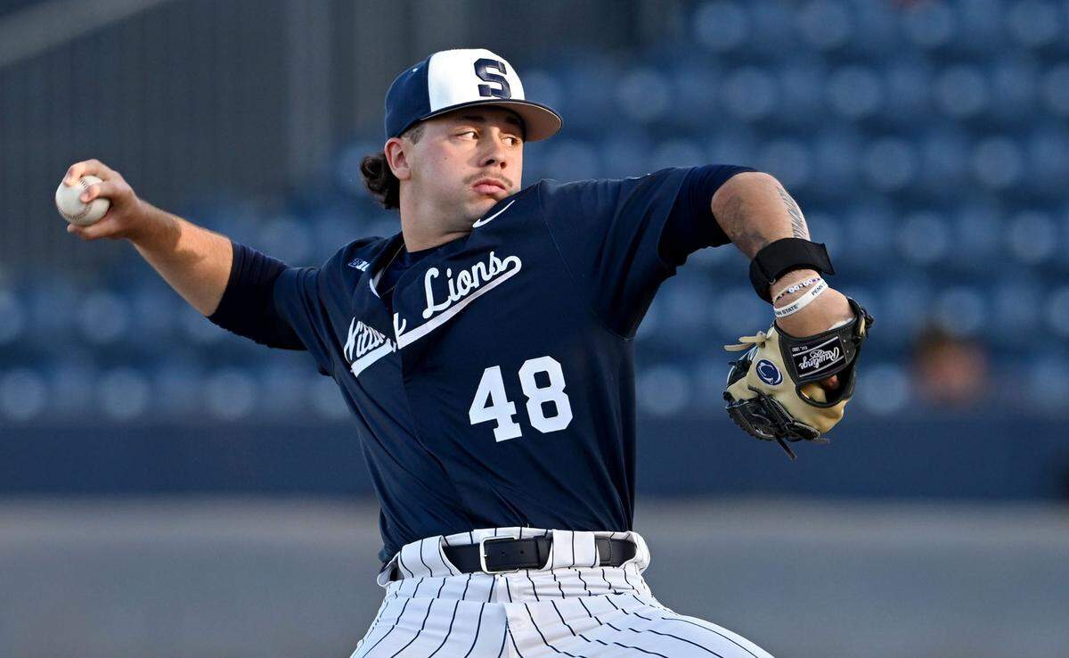 Penn State’s Harrison Lollin pitches during the game against Rider on Wednesday, April 30, 2025 at Medlar Field.