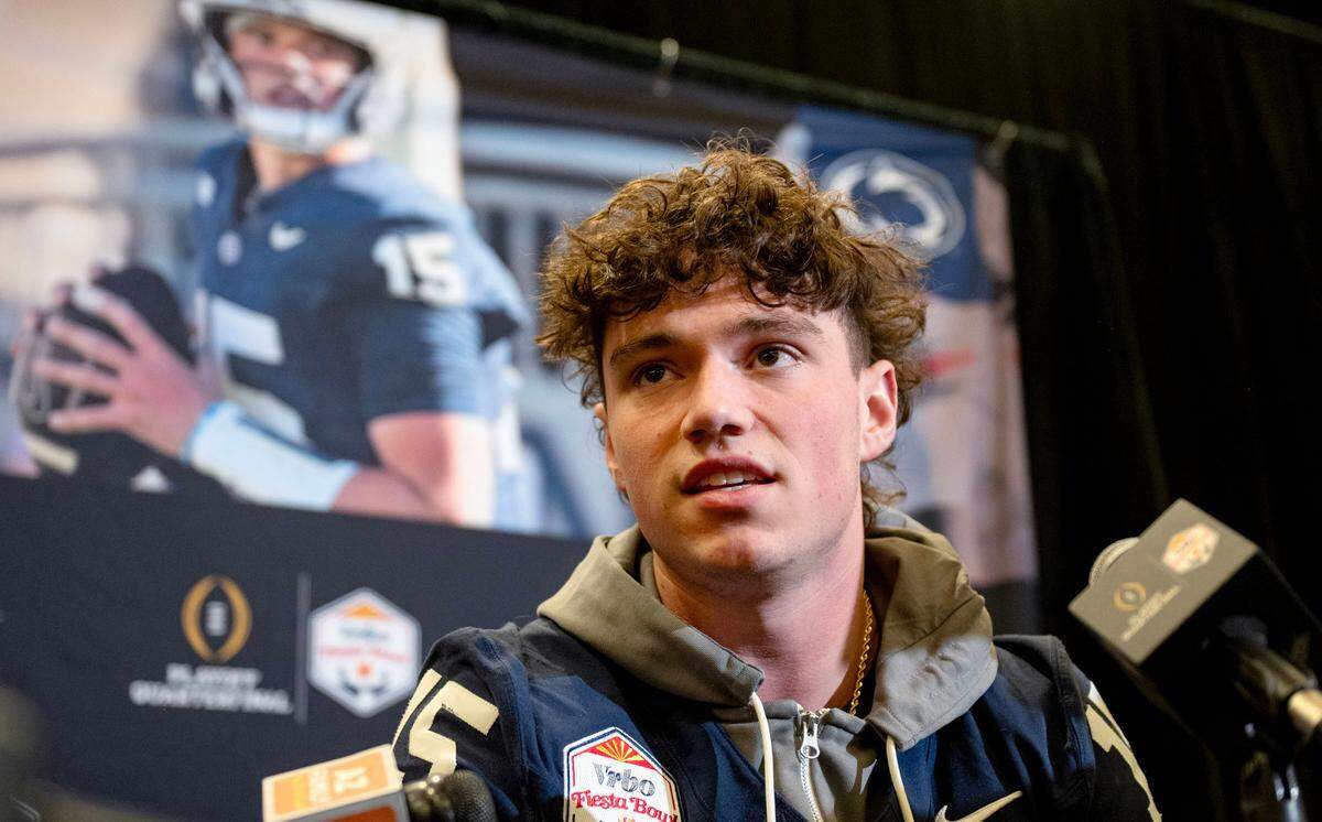 Penn State quarterback Drew Allar talks to reporters during media day for the Fiesta Bowl on Sunday, Dec. 29, 2024.