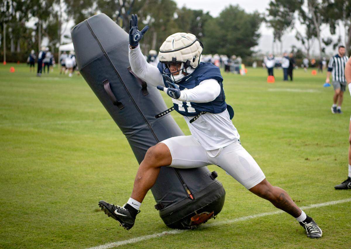 Penn State linebacker Kobe King runs a drill during practice for the Rose Bowl at Dignity Health Sports Park in Los Angeles on Thursday, Dec. 29, 2022.