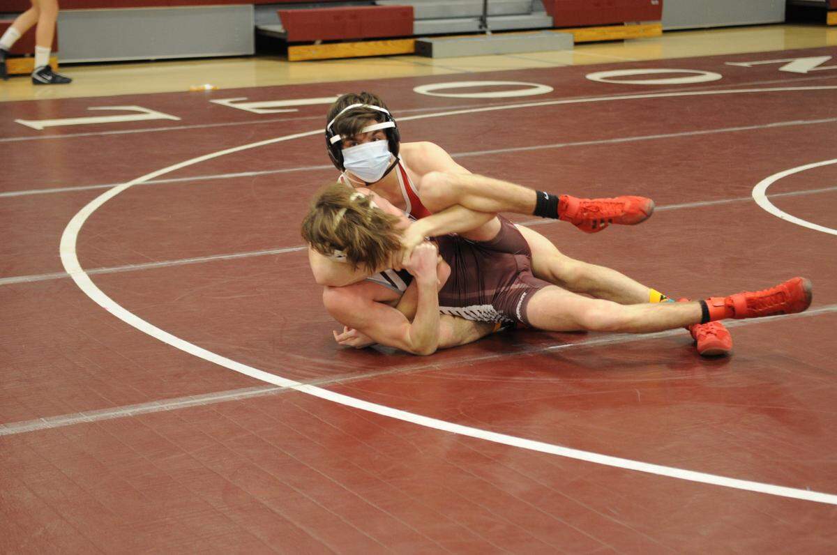 Bellefonte’s Nathan Smith, back, secured the county’s 10th fastest fall time this week when he stuck Meadowbrook Chrisitan’s Tyler Eager (not pictured) in 33 seconds.