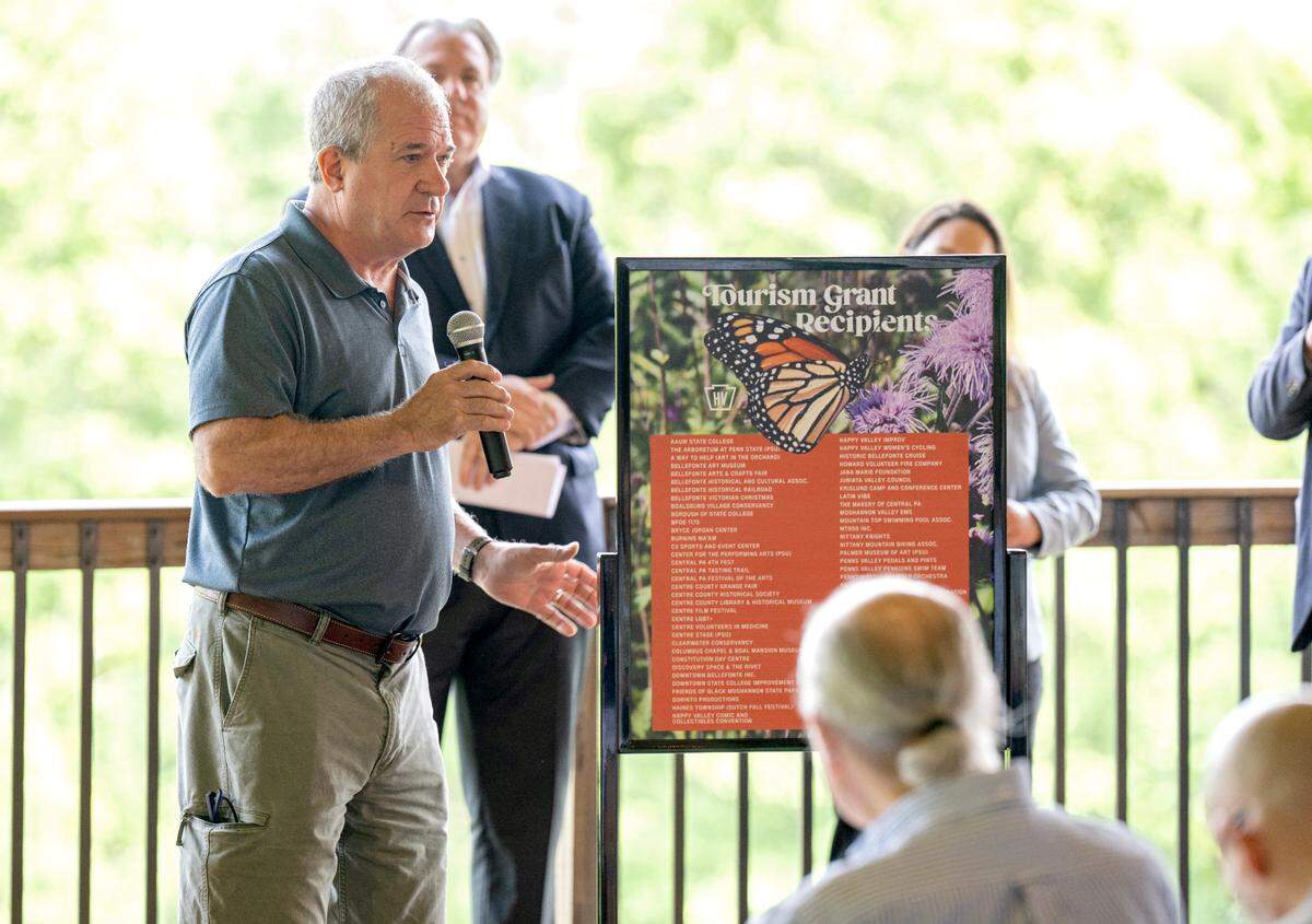 Centre County Commissioner Steve Dershem highlights some of the organizations during the Happy Valley Adventure Bureau 2025-2026 tourism grants celebration on Monday, June 9, 2025 at Rolling Rails Lodge.