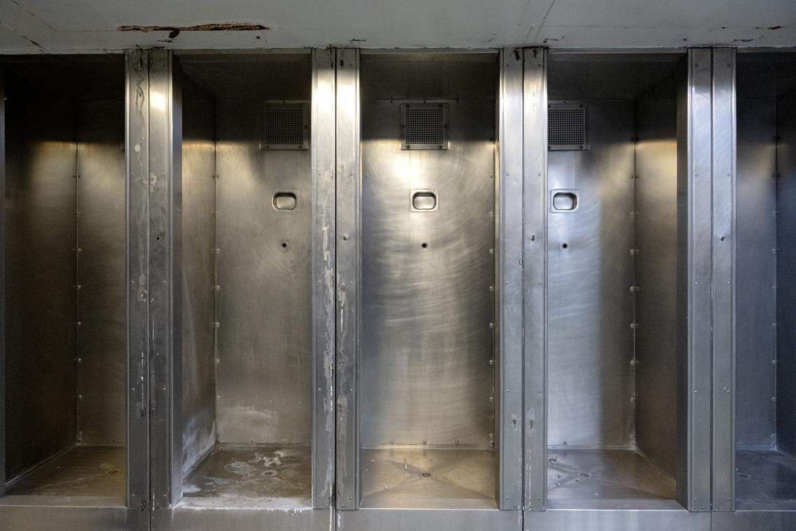 A row of showers in D Block at Rockview state prison is pictured on Monday, March 2, 2026.