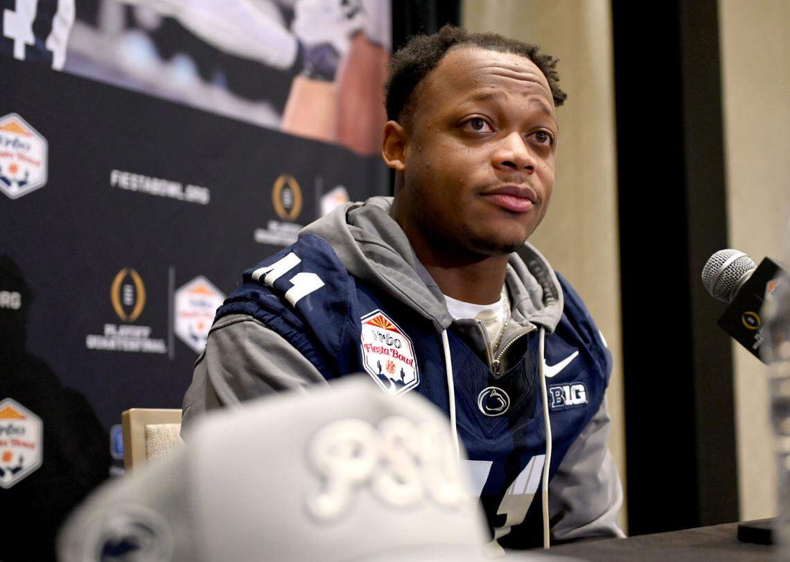 Penn State linebacker Kobe King talks to reporters during media day for the Fiesta Bowl on Sunday, Dec. 29, 2024.