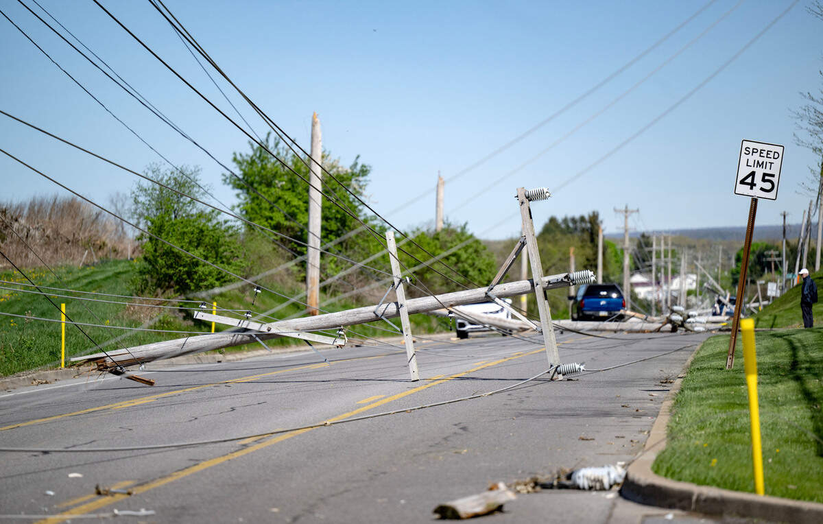 Multiple poles and wires down across cars on West College Avenue between Whitehall Road and Bristol Avenue on Wednesday.