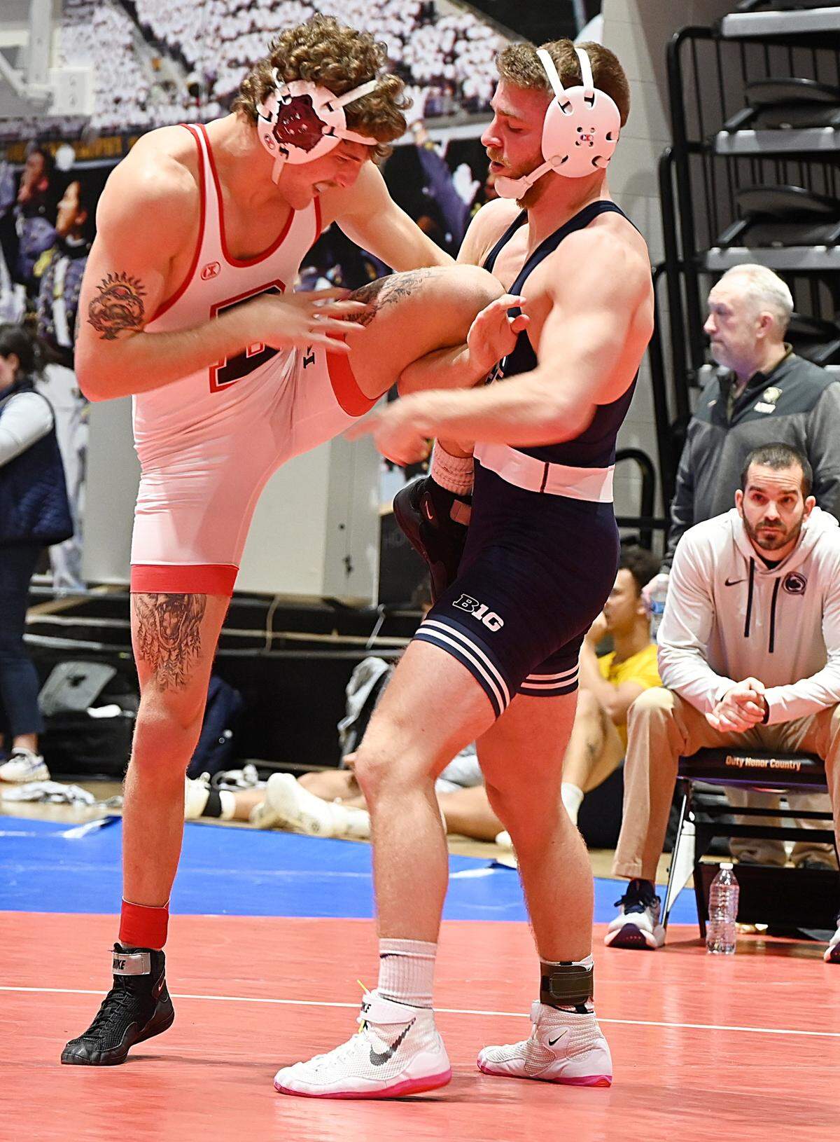 Penn State’s Matt Lee controls Brown’s Keegan Rothrock in their 165-pound match of the Black Knight Invite on Sunday in Christl Arena at West Point, N.Y. Lee pinned Rothrock, who is a St. Joseph’s Catholic Academy grad, in 2:25.