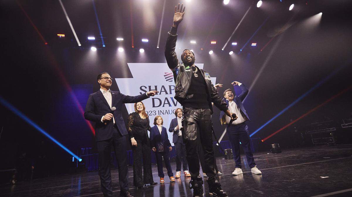 Meek Mill appears with Gov. Josh Shapiro and his family during the governor’s inauguration party in January 2023.