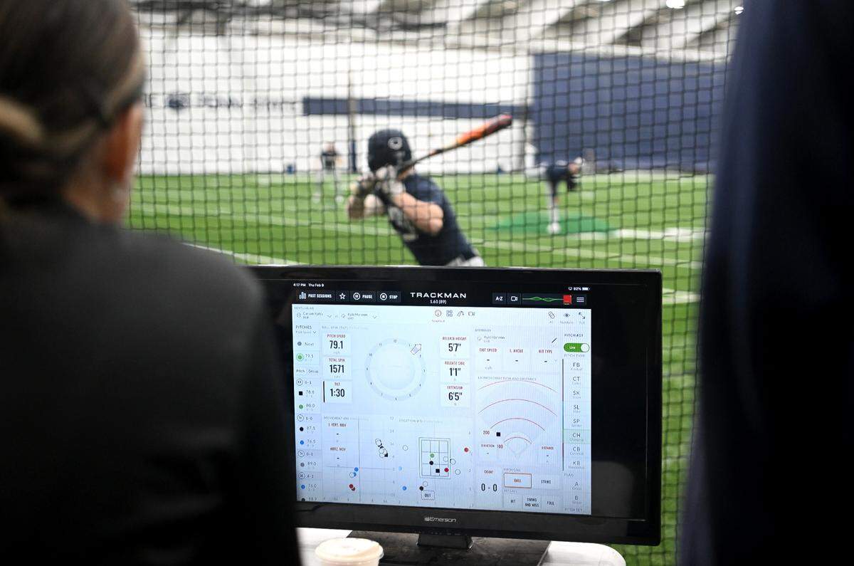 Penn State baseball uses the TrackMan system during practice on Thursday, Feb. 9, 2023 in Holuba Hall.