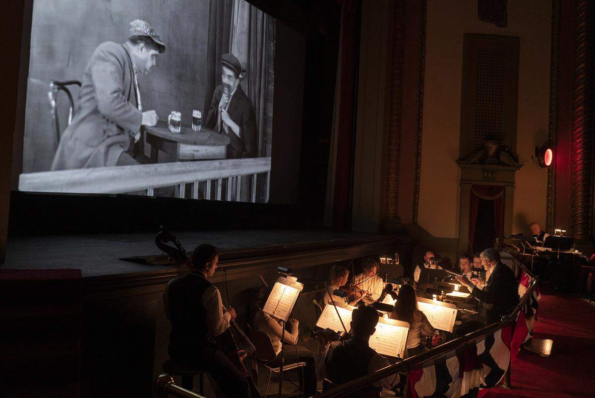 The Paragon Ragtime Orchestra plays to silent films at the Rowland Theatre each year.