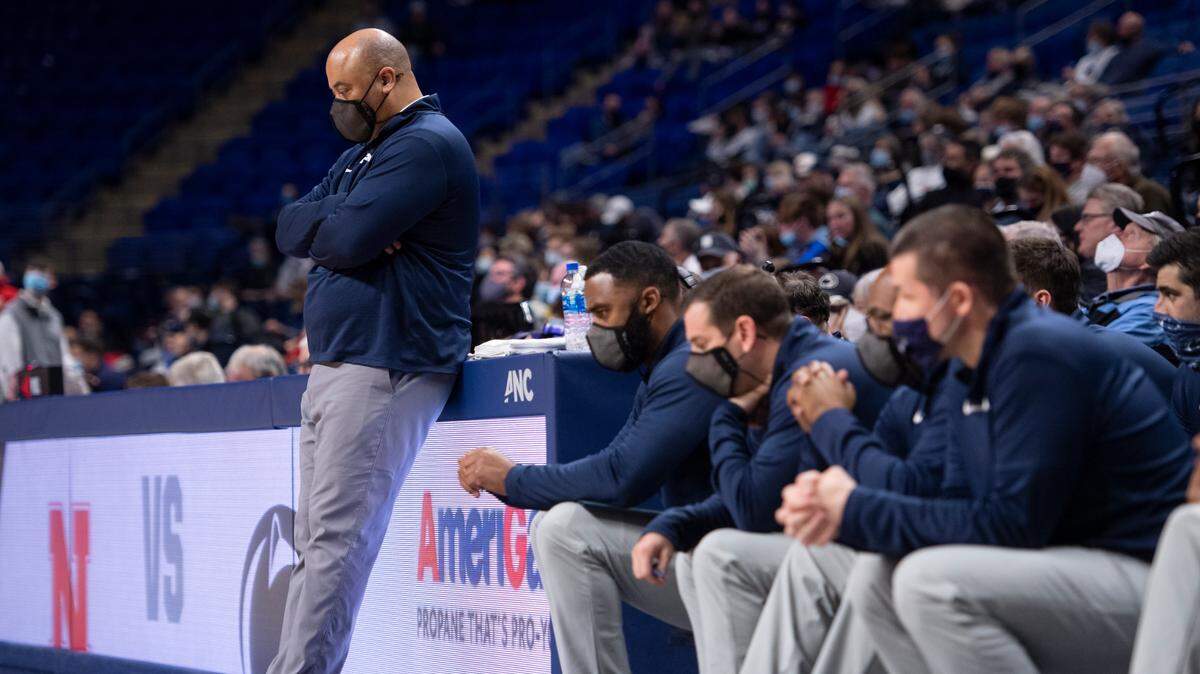 Penn State head coach Micah Shrewsberry looks at the ground during an NCAA Basketball game between Penn State and Nebraska at the Bryce Jordan Center on Sunday.