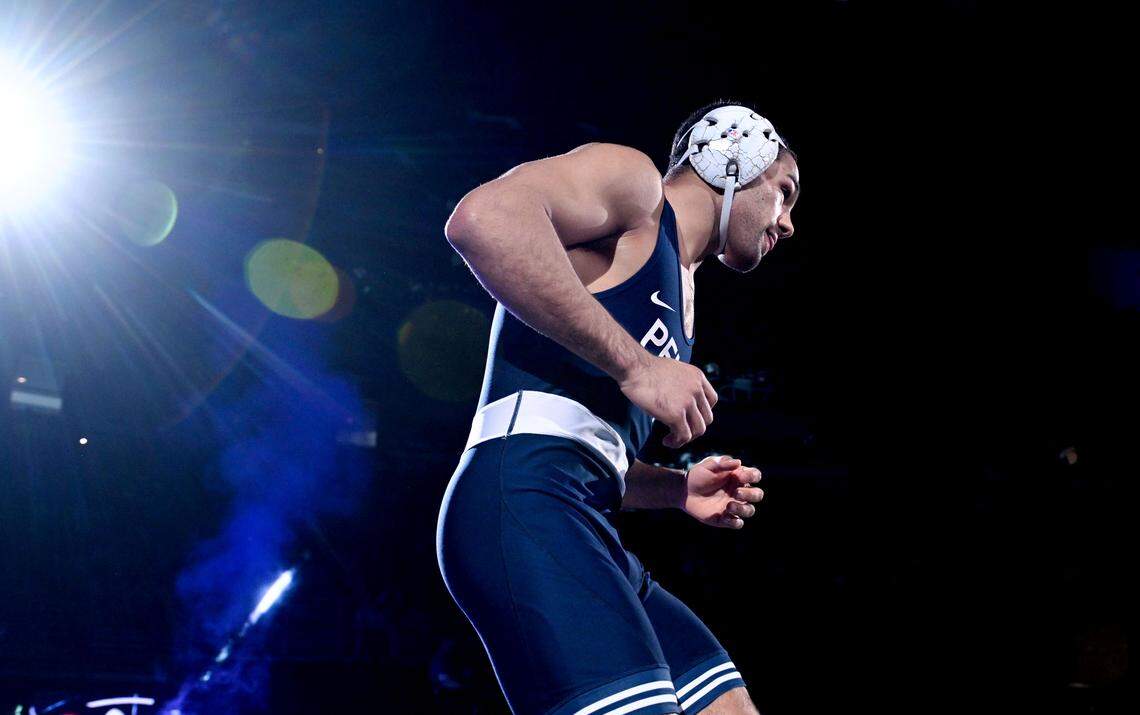 Penn State's Shayne Van Ness is introduced for his 149-pound championship bout at the Big Ten wrestling championships on Sunday, March 8, 2026.  