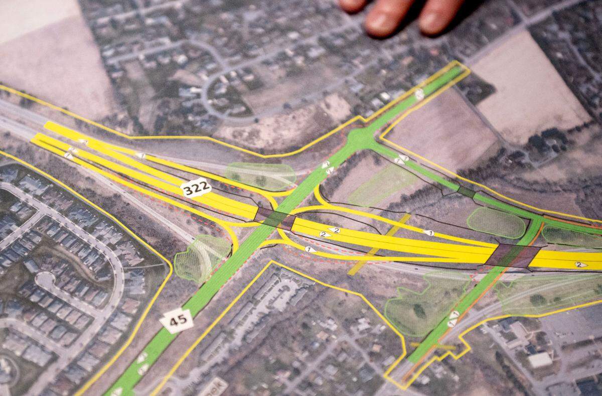 A map of the central alternative route for the State College Area Connector project shows the intersection of Route 322 and Route 45 during PennDOT’s public scoping meeting on Thursday, May 9, 2025 at the Wyndham Garden State College.