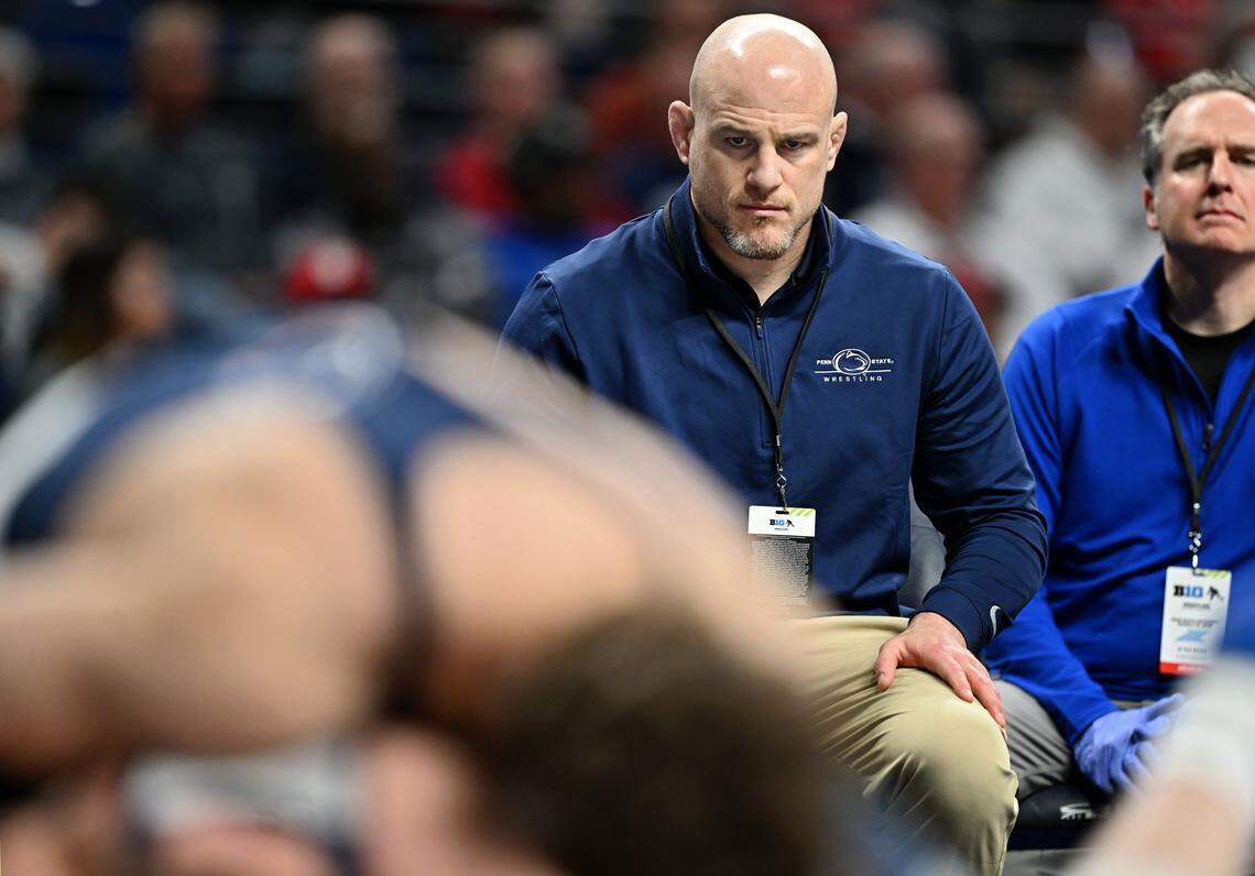 Penn State wrestling coach Cael Sanderson watches Mitchell Mesenbrink in his 165-pound quarterfinal bout at the Big Ten Wrestling Championships on Saturday, March 7, 2026 at the Bryce Jordan Center.