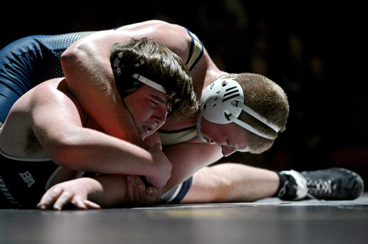 Bald Eagle Area’s Eric Clark controls Philipsburg-Osceola’s Evan Eichenlaub in the 215 lb match during the dual on Thursday, Jan. 18, 2024.