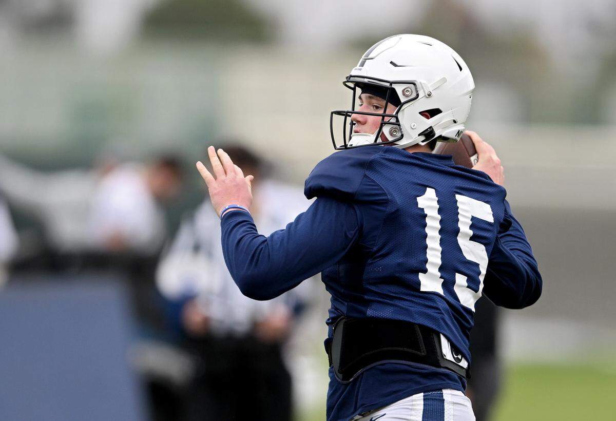 Penn State quarterback Drew Allar makes a pass during practice for the Rose Bowl at Dignity Health Sports Park in Los Angeles on Thursday, Dec. 29, 2022.