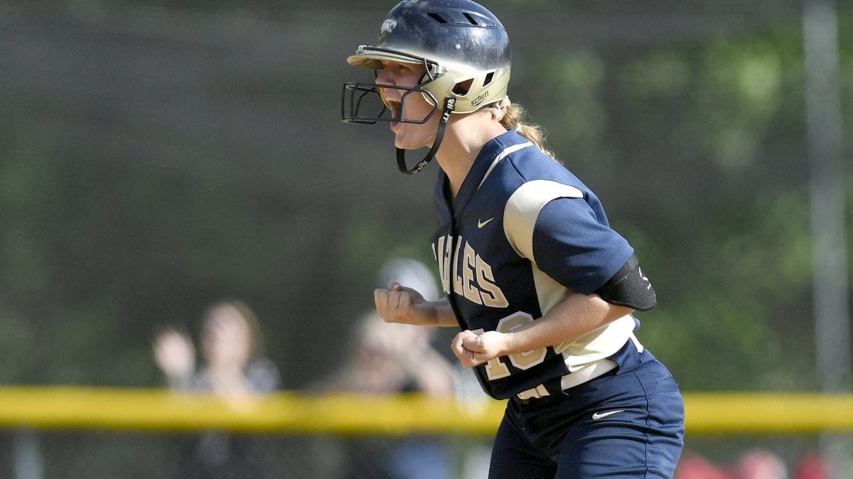 Bald Eagle Area’s Kaleigh Kinley celebrates a double during the District 6 Class 3A semifinal game on Thursday, May 23, 2019.