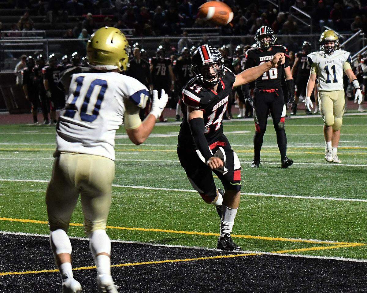 Bald Eagle Area’s Matthew Reese (10) catches a touchdown pass from quarterback Jaden Jones on Friday in the Bald Eagles’ 36-28 win over Mountain League foe Clearfield.