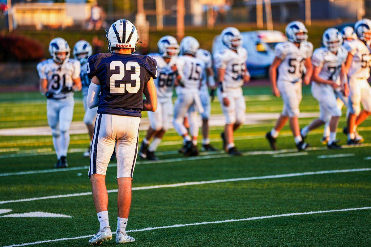 Philipsburg-Osceola linebacker Robert McClenahan (23) stands before a snap during the Philipsburg-Osceola football game vs. Penns Valley on Friday, Sept. 12, 2025 at P-O’s stadium in Phillispburg, Pa. The Mountaineers beat the Rams 39-0.