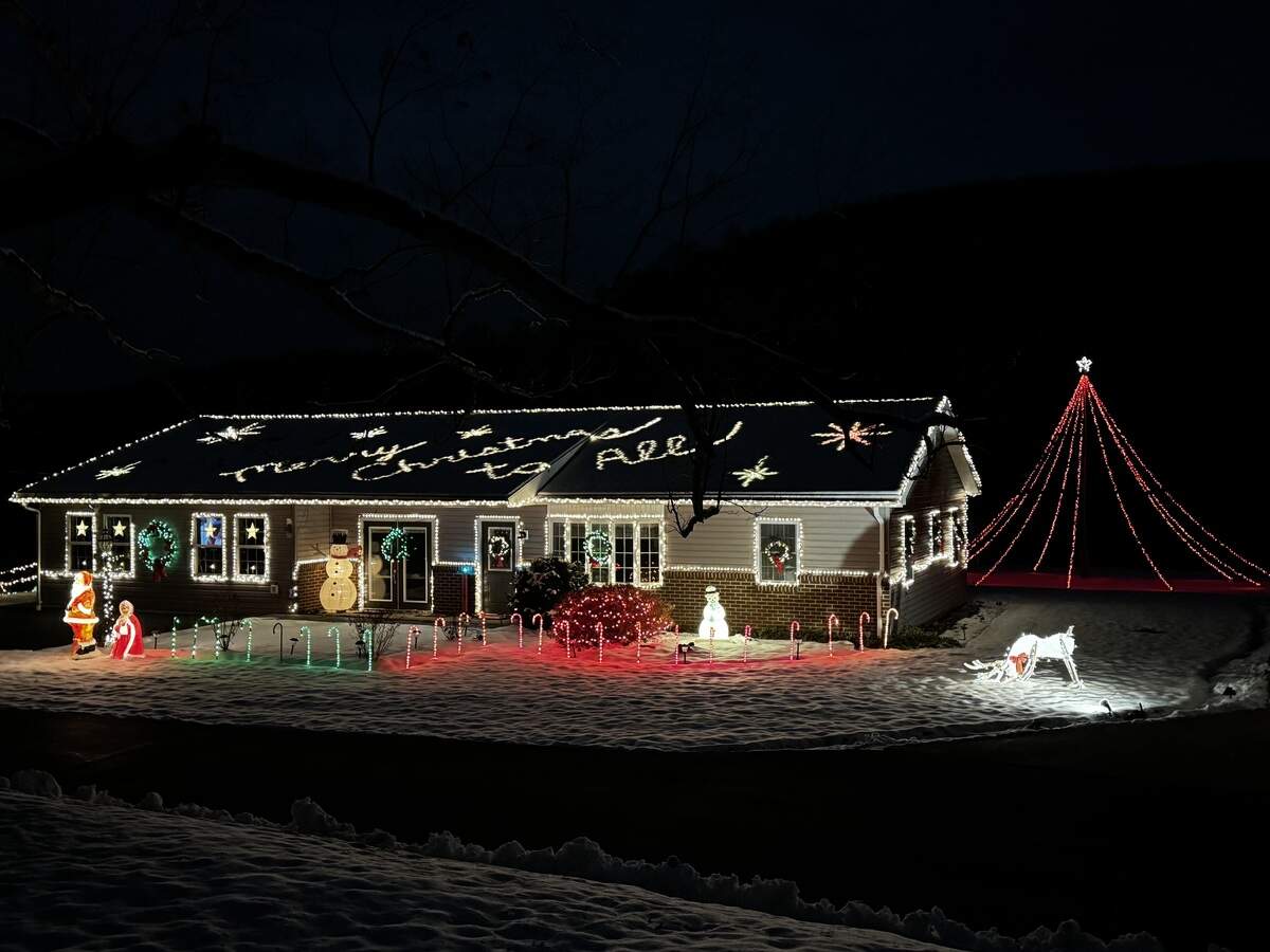 The roof of 510 Flat Rock Road, Port Matilda, wishes passersby a merry Christmas on Dec. 3, 2025.