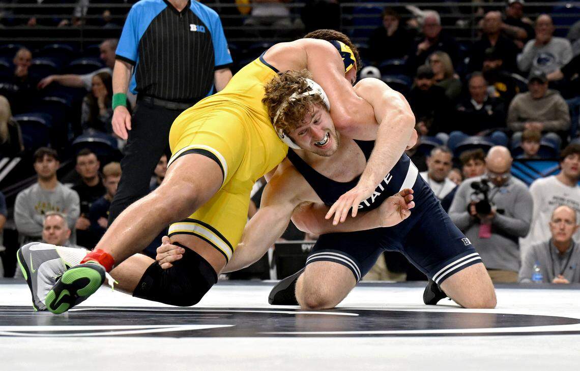 Penn State's Cole Mirasola wrestles Michigan’s Taye Ghadiali in a 285-pound semifinal bout at the Big Ten wrestling championships on Saturday, March 7, 2026 at the Bryce Jordan Center. 