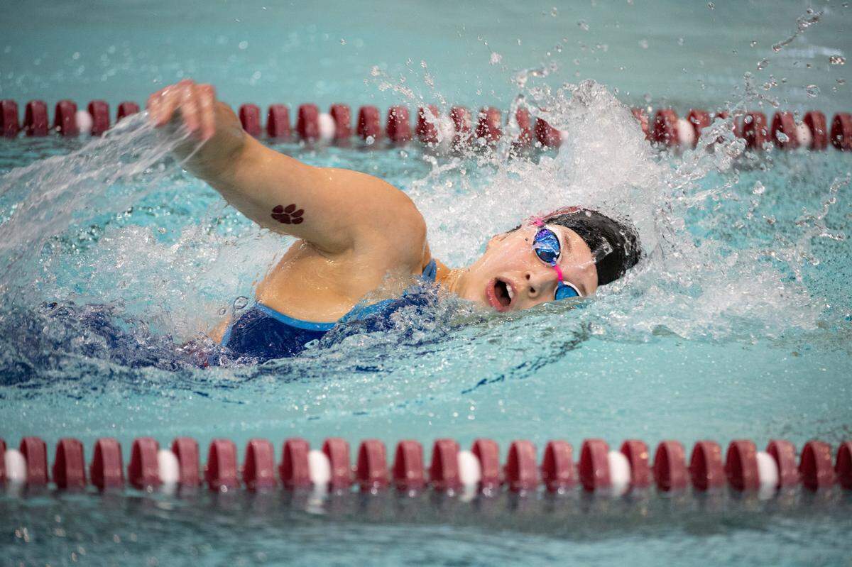 State College’s Maddy Koehle swims during the PIAA Swimming and Diving District VI AAA Championships at State College Area High School on Friday, March 5, 2021 in State College, PA.