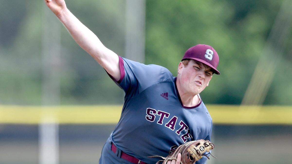 State College’s Brady Bendik pitches during the District 6 semifinal game against Altoona on Tuesday, May 25, 2021.