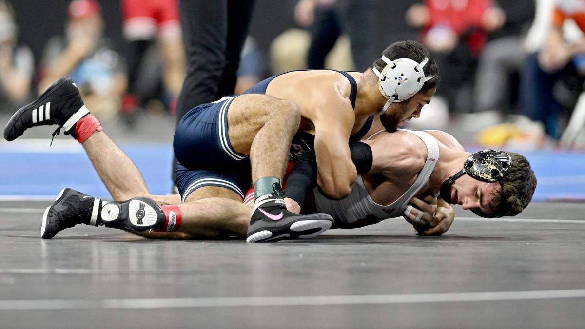 Penn State’s Shayne Van Ness controls Rutgers’ Andrew Clark in a 149-pound bout during the 2025 NCAA Wrestling Championships in Philadelphia on Thursday, March 20, 2025.