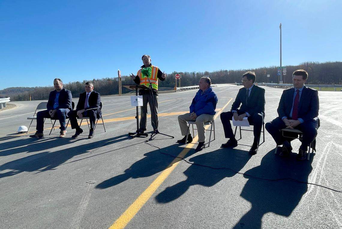 A ribbon cutting ceremony is held Thursday for the new I-80/Jacksonville Road local interchange.