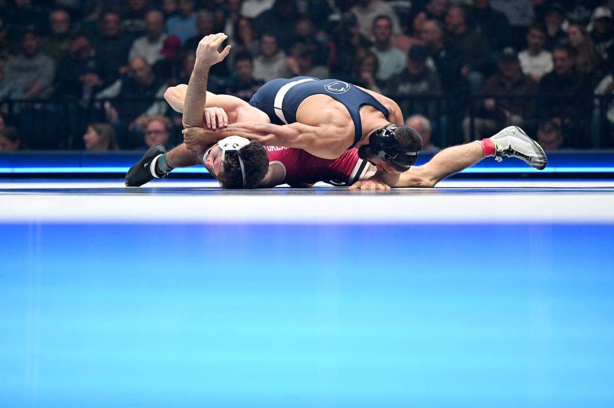 Penn State’s Shayne Van Ness controls Oklahoma’s Layton Schneider in the 149 lb bout during the match on Friday, Nov. 14, 2025 at the Bryce Jordan Center.